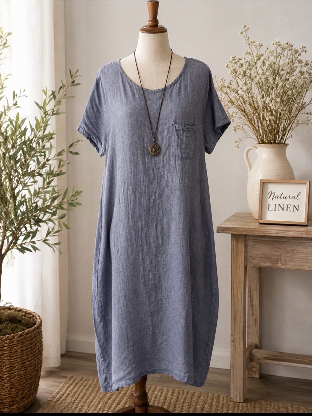 Flax Linen Scoop-Neck Midi Dress in Dusty Blue size 2G/22-24